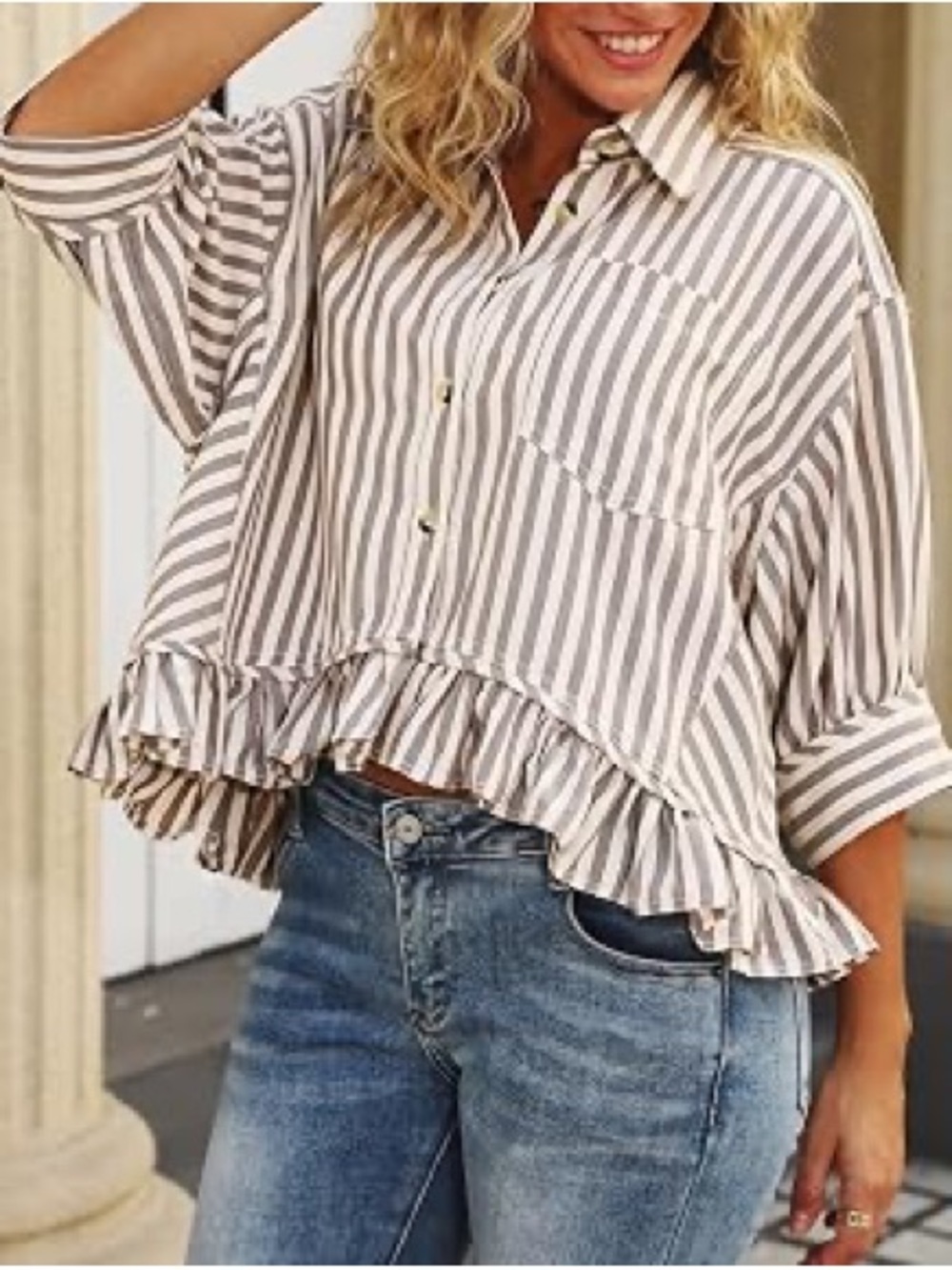 CHYRII Ruffled Short Sleeve Button Down Tan Striped Shirt Size Small Womens Boho